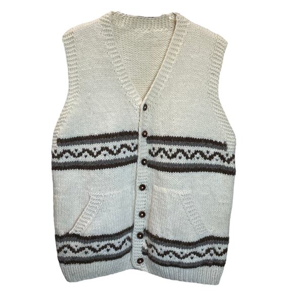 Vintage-Inspired Cream & Brown Knit Button-Front Vest Size XL - Picture 1 of 7